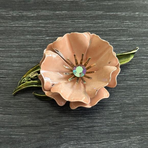 Vintage Coro Trembler‎ Flower Brooch Pin Enamel With Rhinestone - Picture 1 of 9